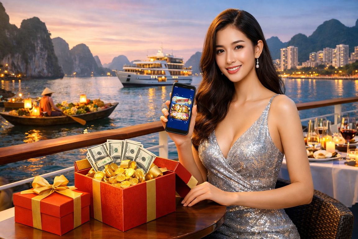 Người dùng tại vịnh Hạ Long dùng điện thoại kiểm tra tỷ lệ kèo thể thao và thông tin cược